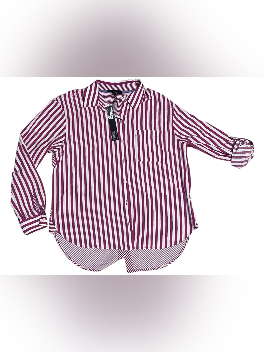 Vertical Stripe Button-Down Shirt in White & Magenta